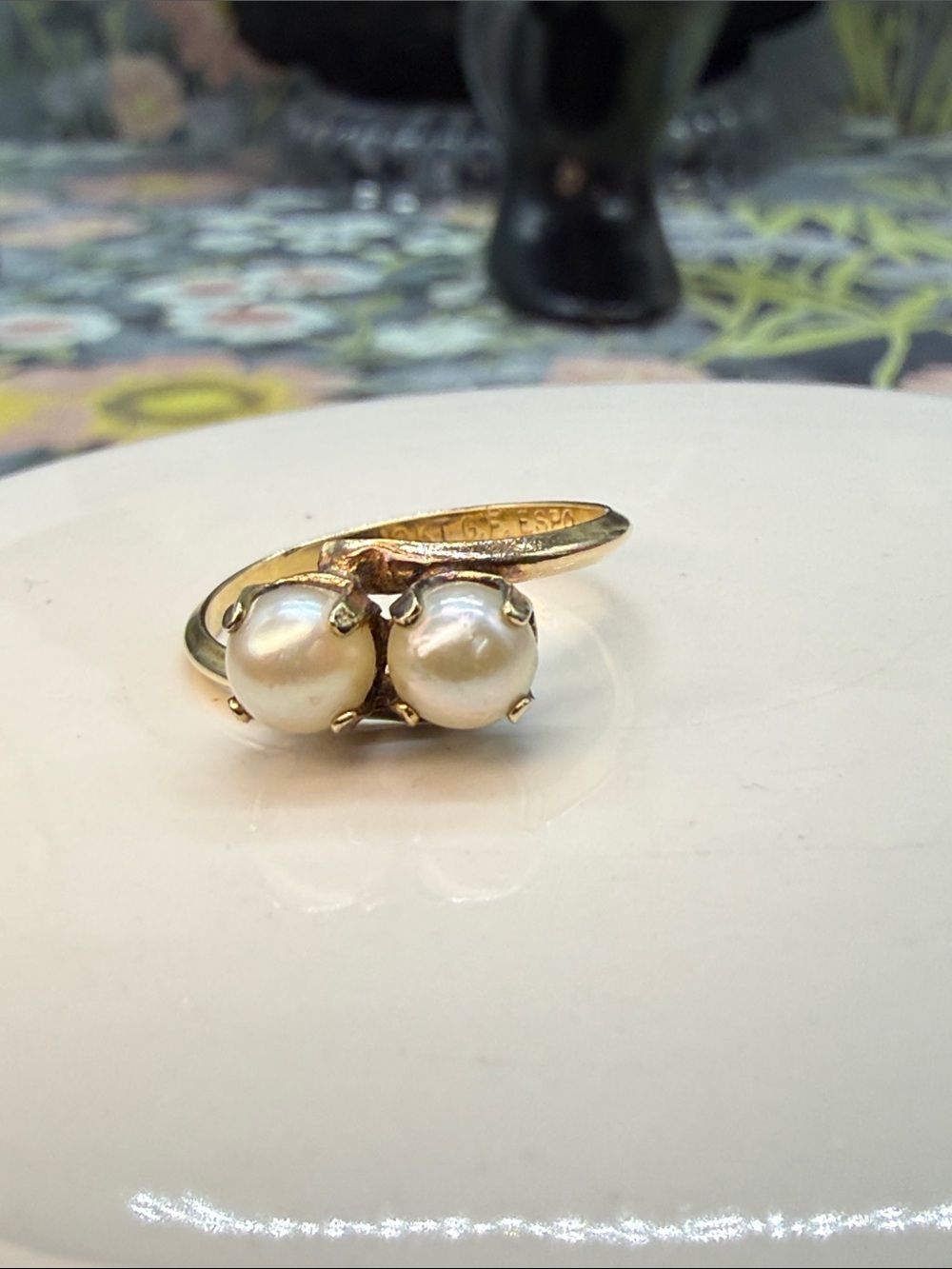 👑Vintage ESPO 10K Gold Filled Toi et Moi Bypass Pearl Ring Sz 8